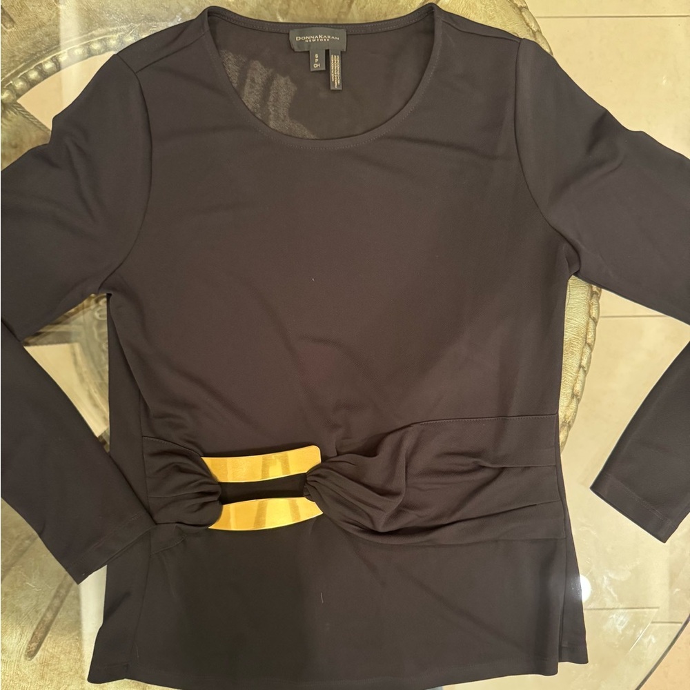 Donna Karan Black and Yellow Cut Out Tie Front Long Sleeve Tee